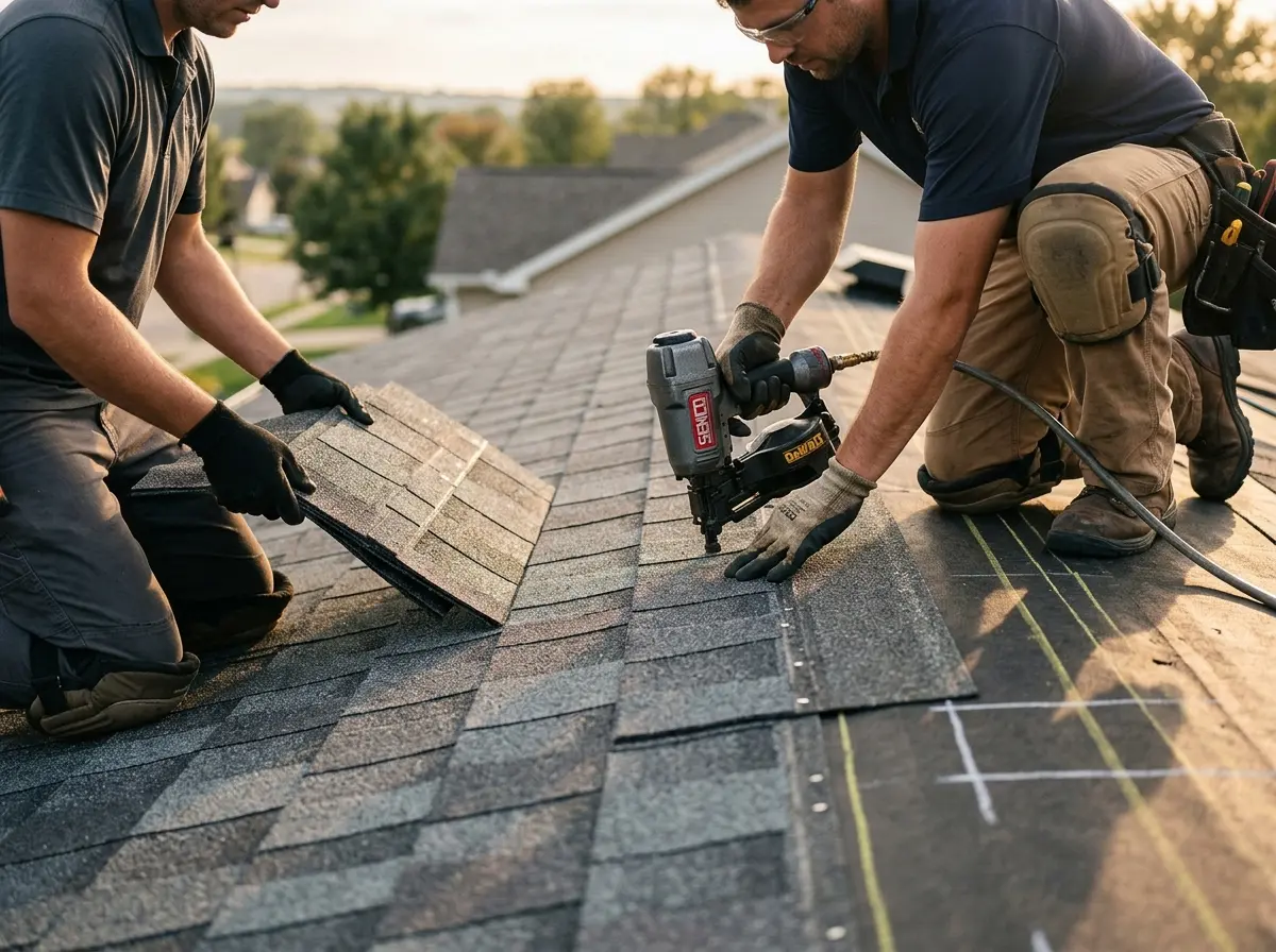 Professional roofer working on a residential roof in Bostonia